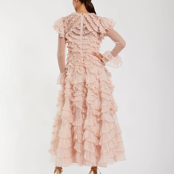 ✔️62B BNWT MAC DUGGAL Pink Tiered Ruffle Trim Long Sleeve Midi Dress - Picture 3 of 9
